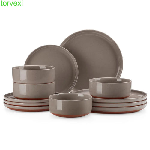 Modern Ceramic Dinnerware Set for 4/6/8, 12/16/18/24 Piece Plates and Bowls Set, Stoneware Kitchen Tableware, Microwave and Dishwasher Safe, Elegant Design