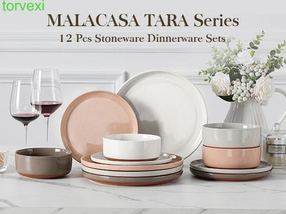 Modern Ceramic Dinnerware Set for 4/6/8, 12/16/18/24 Piece Plates and Bowls Set, Stoneware Kitchen Tableware, Microwave and Dishwasher Safe, Elegant Design