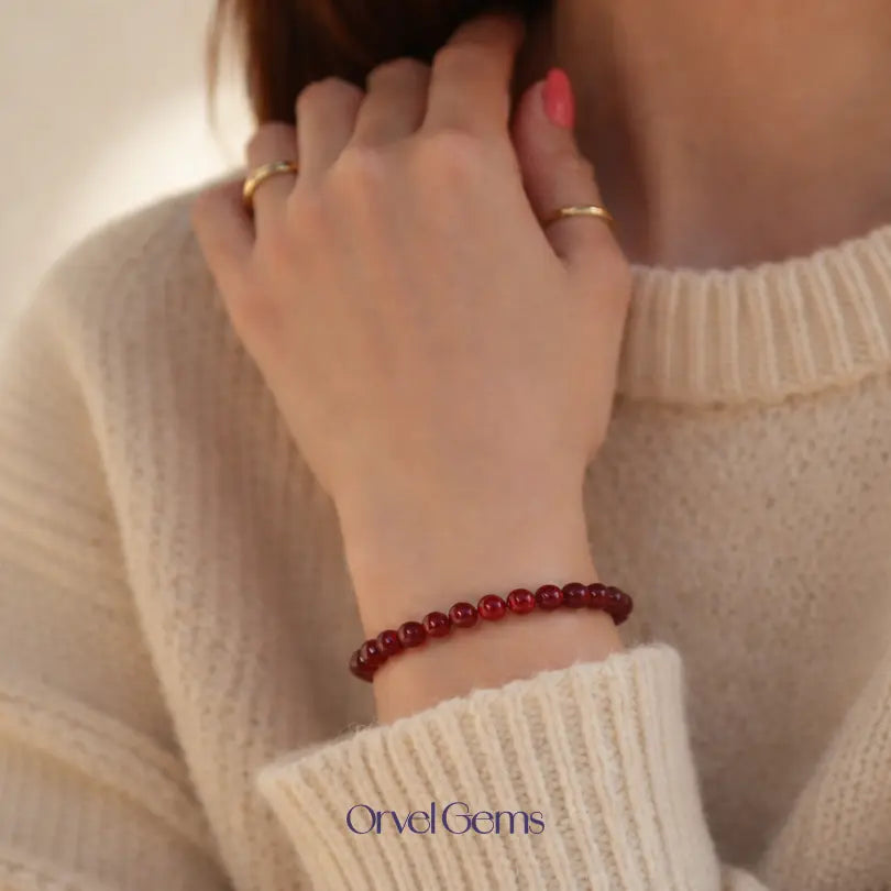 Handmade Red Carnelian Crystal Beads Bracelet – Healing Energy, Stretch Adjustable