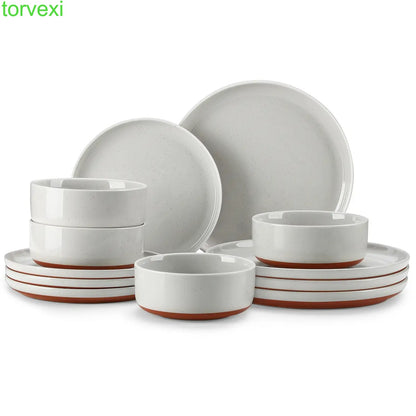 Modern Ceramic Dinnerware Set for 4/6/8, 12/16/18/24 Piece Plates and Bowls Set, Stoneware Kitchen Tableware, Microwave and Dishwasher Safe, Elegant Design