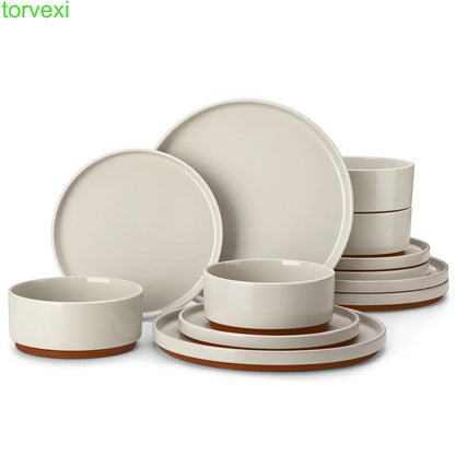 Modern Ceramic Dinnerware Set for 4/6/8, 12/16/18/24 Piece Plates and Bowls Set, Stoneware Kitchen Tableware, Microwave and Dishwasher Safe, Elegant Design