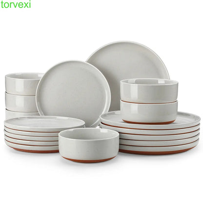 Modern Ceramic Dinnerware Set for 4/6/8, 12/16/18/24 Piece Plates and Bowls Set, Stoneware Kitchen Tableware, Microwave and Dishwasher Safe, Elegant Design